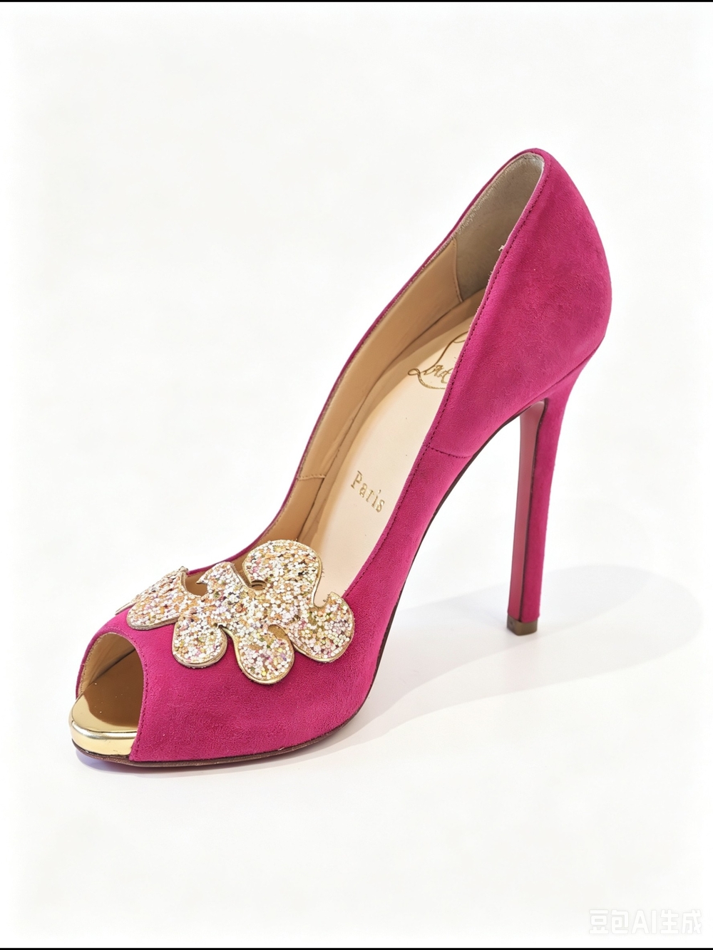 Christian Louboutin Fuchsia Suede Peep-Toe Heels with Crystal Accent
